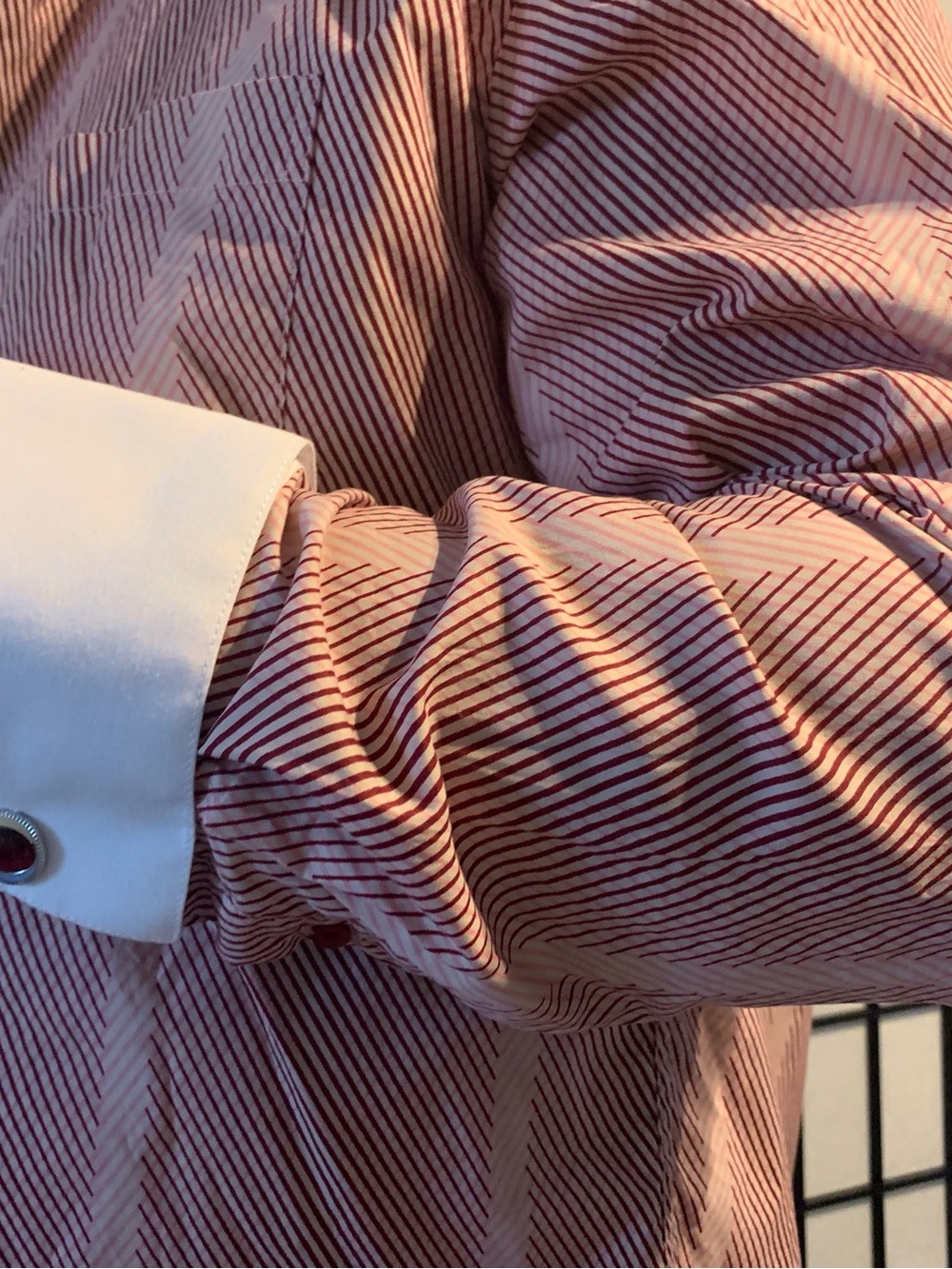 Men's Pink Dress Shirt with Burgundy Stripe Pattern and White Contrast Cuffs